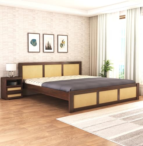 Image of Sheesham Wood Queen Size Cane Bed Without Storage Wooden Double Cot Palang Furniture for Bedroom Living Room Home Hotel (Walnut Finish) 1 Year Warranty