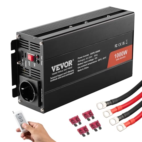 VEVOR Inversor de Corriente de Onda Sinusoidal Pura Inversor de Corriente 1000 W CC 12 V a CA 230 V con 2 Salidas de CA, 2 Puertos USB, 1 Puerto Tipo C y Control Remoto para teléfonos inteligentes, PC