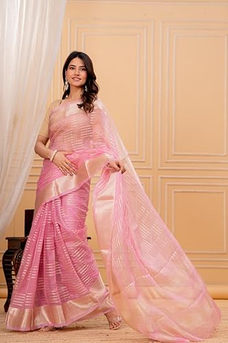 Image of Silk Saree For Women's with Golden Zari Border Blouse | Lightweight Traditional Saree for Women | Wear in Wedding Functions and Cultural Occasions | Pink