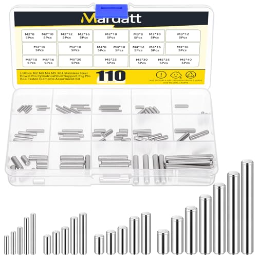 Mardatt 110Pcs 22 Size M2 M3 M4 M5 304 Stainless Steel Dowel Pin Shelf Support Peg Pin Rod Fasten Elements Cylindrical Peg Pin for Metal Devices, Furniture Installation