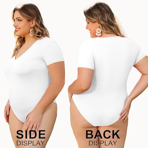 Image of COOTRY Plus Size Short Sleeve Bodysuits for Women V Neck Body Suit Tops Basic One Piece Bodysuit T Shirt