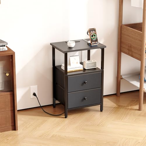 Image of Nightstand with Charging Station, Bedside End Table with 2 Fabric Drawers for Bedroom, Side Table with USB Ports and Outlets (Black)