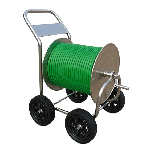Relaxdays Schlauchwagen, bis 200 m, fahrbare Schlauchtrommel, HBT 100 x 73 x 57 cm, Schlauchabroller, Edelstahl, Silber