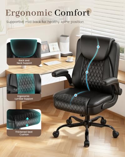 COMHOMA Mid-Back Office Chair, Ergonomic PU Desk Chair with Flip up Arms, Small Computer Gaming with Comfy Lumbar Support,Rocking Function,Sturdy Metal Base, Ink Black — view 6