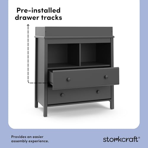 Image of Storkcraft Alpine 2 Drawer Changing Table Chest (Gray) - Attached Changing Table Topper Fits Any Standard-Size Baby Changing Pad, 2 Drawers, 2 Shelves for Extra Nursery Storage, Easy to Assemble