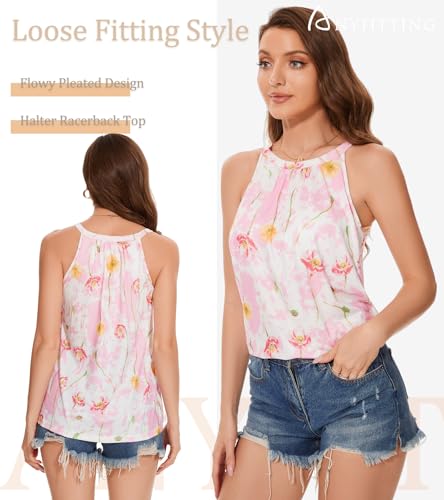 Image of Women Halter Tank Top with Built in Bra Flowy Sleevless Padded Camisole Loose Fit Summer Shirt Top S-3XL
