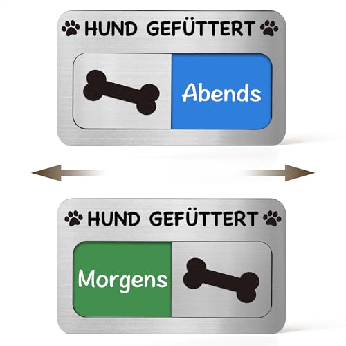 Magnet 'Hund Gefüttert' Futteranzeige – Praktische Fütterungshilfe & Erinnerung (Morgens/Abends), Acryl Silber gebürstet, Haftet magnetisch, inkl, 2 Paar Klebepads, 12 x 6.8 cm