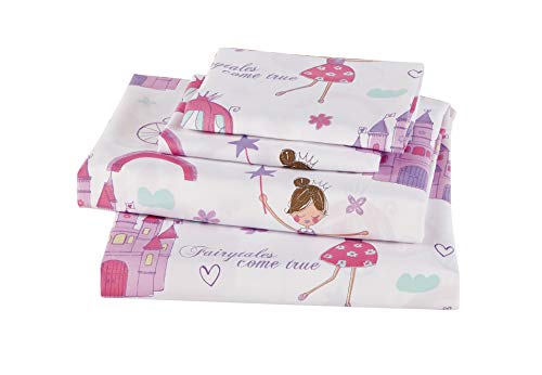 Conjunto de edredom Mk Home para meninas, princesas, contos de fadas, castelos, rosa e branco, lavan