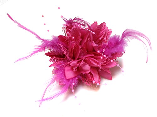 Flower Feather Bead Corsage Hair Clips Fascinator Hairband and Pin (Fuchsia Hot Pink)