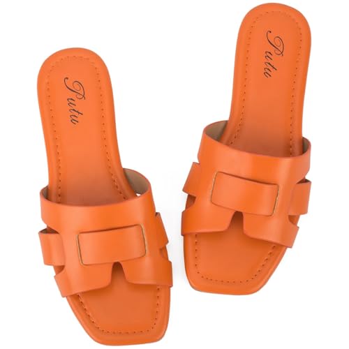 Putu Women's Flat Sandals Dressy Summer Sandals Strappy Slides with Square Open Toe