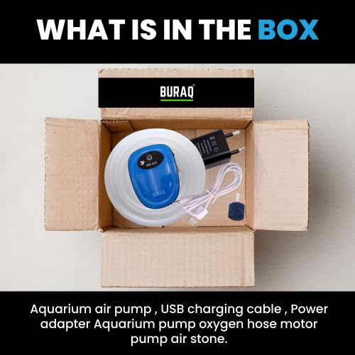 Image of BURAQ Pets USB Rechargeable Ultra Silent Aquarium Air Pump AC /DC Dual Speed Reliable Aquarium Pump, Fish Tank with Airline Tube and Air Stone, 1.5 Liters Per Minute