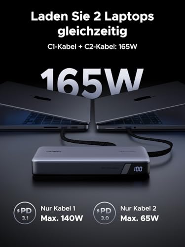 UGREEN Nexode Power Bank, 25000mAh, 165W snelladen met 2 geïntegreerde USB-C-kabels (140W PD3.1), compatibel met MacBook Pro 16", Dell XPS, iPad Pro, Steam Deck, Galaxy S25 Ultra, iPhone 17
