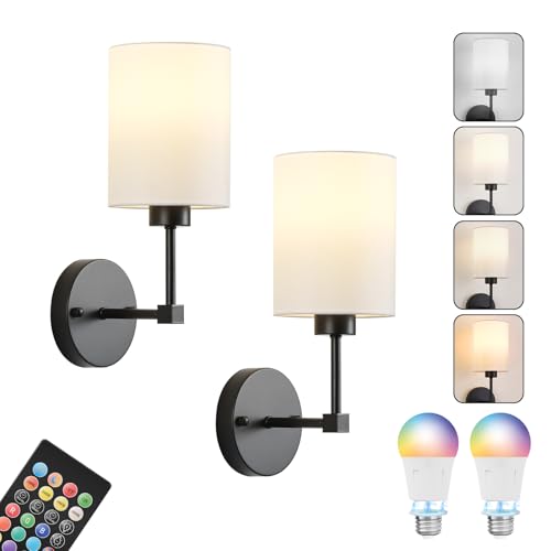 Image of Battery Operated Wall Sconce Set of Two,Wireless Rechargeable Wall Light With Remote Control, Dimmable, 1800K /3000K /4000K /6000K /RGB, Timer, for Living Room, Bedroom, Fireplace, TV, 13.5 Inch, Black