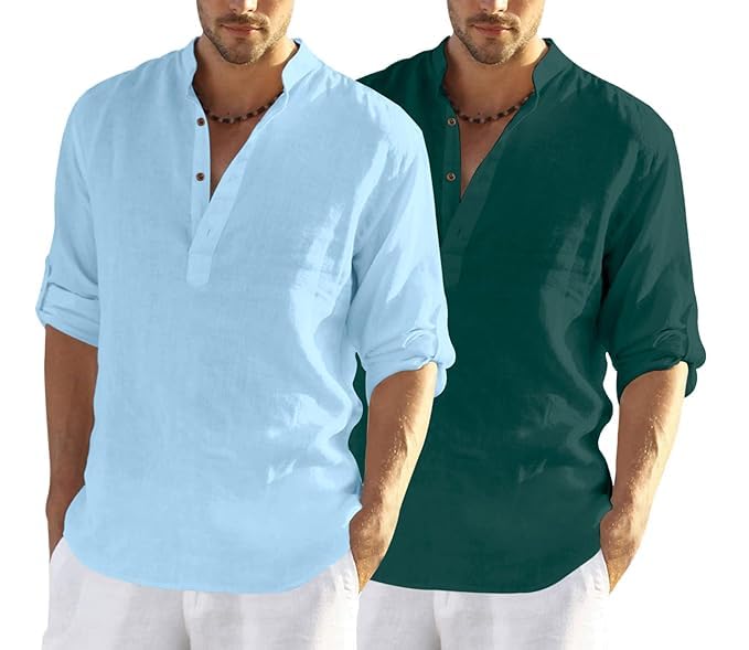 Image of FINIVO FASHION Men's Cotton Blend Solid Full Sleeve Combo Short Kurta Shirt, Regular Fit Solid Pattern Mandarin Collar Straight Kurta Shirt