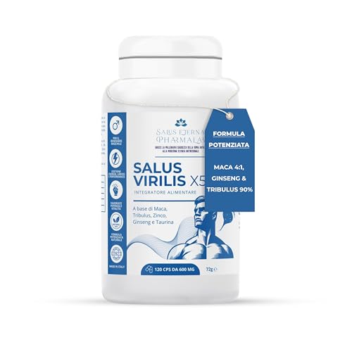 Salus Eterna Virilis X5 Integratore Testosterone Uomo Estratto di maca peruviana 120 Capsule, Tribulus Maca (Radice), Panax Ginseng, Taurina, Zinco Gluconato Energia, Vitalità, Performance