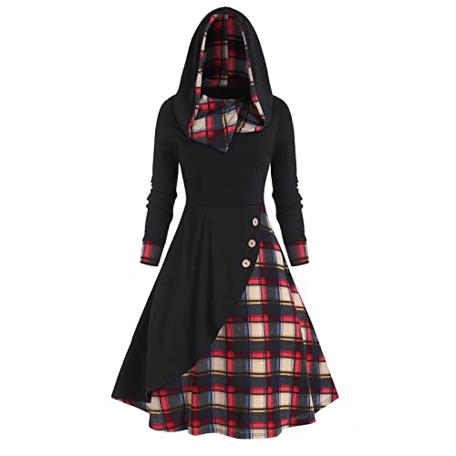 Image of Womens Vintage Gothic Steampunk Dress Casual Plaid Patchwork Button Hooded Dress Retro Rockabilly Punk Hippie Dresses
