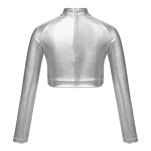 JanJean Girls Metallic Long Sleeve Dance Crop Tops Kids Mock Neck Athletic Tops Hip Hop Jazz Gymnastics Ballet Dancewear Silver 12 Years