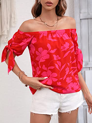Soly Hux Women's Floral Print Off The Shoulder Short Sleeve Tie Knot Cuff Blouse Tops Red Floral L #TOP2