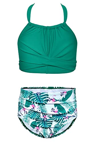 Shekini Girls Halter Bikini Set Floral Crisscross Front Kids Two Piece Swimsuits(Green Printing,10/12) #TOP5