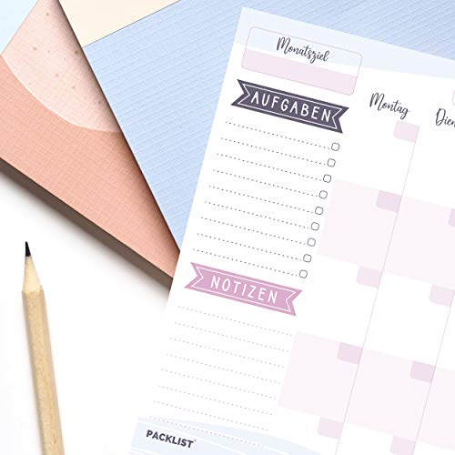 PACKLIST Monatsplaner Block A4 ohne Festes Datum. Terminplaner, Familienplaner mit Monatsziel, To-Do-Liste, Notizen, großem Notizfeld - Exklusive Kalender mit ECO-Verpackung