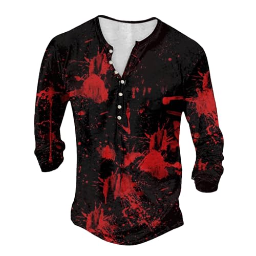 Mymyguoe Bloodstained Shirt Men's Halloween T-Shirt Henley Shirt Long Sleeve Shirts for Men Print Hand Print Blood Smudge Bloody Blood Splashes Hand Prints T Shirts Bloody Shirt Horror T Shirts,