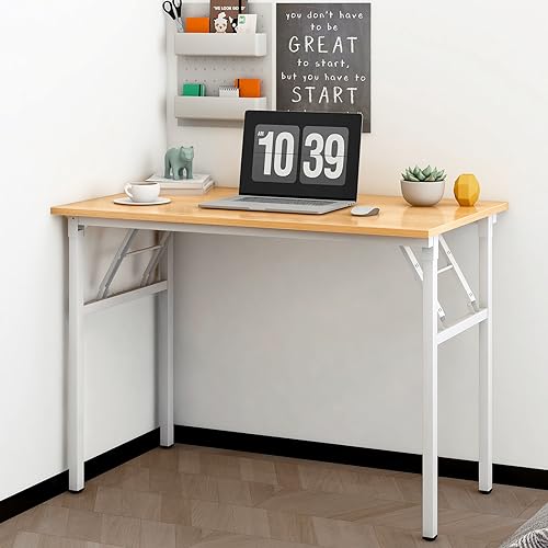 Image of Need Office Computer Desk 39.3 Inch Sturdy Folding Laptop Table Teak | White Frame Writing Gaming Work Table /Foldable Home Office Desk /Sewing Table, No Assembly Required