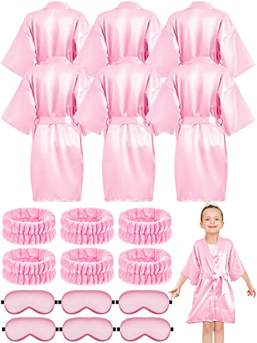 BBTO 18 Stück Mädchen Spa Zubehör 6 Kinder Satin Seide Kimono Robe 6 Spa Gesicht Stirnband 6 Augenmaske (Rosa, Größe 10)