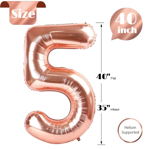 Image of Rose Gold Number 5 Balloon 40 Inch, 5th Birthday Party Decorations, Giant 5 Foil Balloon for Party Supplies