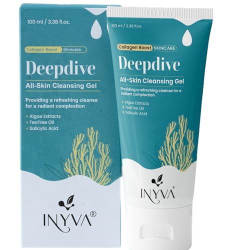INYVA Skincare Deepdive Cleansing Gel with Salicylic Acid, Tea Tree Oil,Algae Extract - Deep Cleansing, Makeup Removal, Acne Control & Pore Unclogging Solution - Oil Free Face Wash - 3.38 Oz
