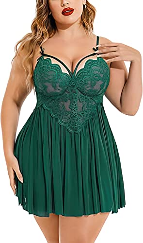 Image of Beautiful Creations Womens Plus Size Lace Floral Knee Length Babydoll Nightwear Set with G-String Panty
