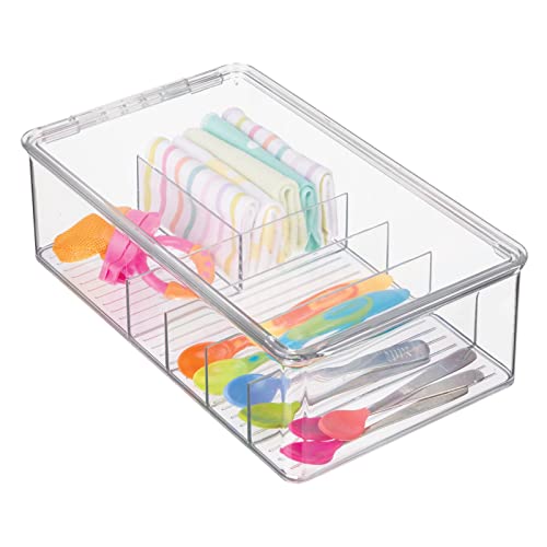 Image of mDesign Stackable Plastic Storage Organizer Container Box for Kitchen Cabinets, Pantry, Countertops - Holds Kids, Child/Toddler Mealtime Sets, Small Accessories - 6 Sections - BPA Free - Clear