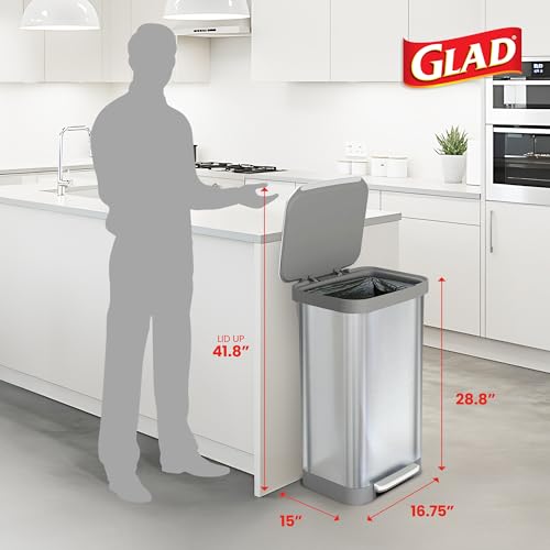 Image of Glad Stainless Steel Step Trash Can, Series 2 with Clorox Protection - Large Metal Kitchen Garbage Bin with Soft Close Lid, Foot Pedal and Waste Bag Roll Holder, 20 Gallon