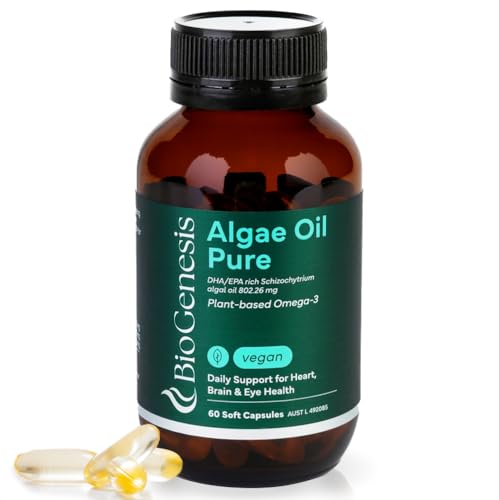 BioGenesis Algal Oil Omega 3 - Vegan DHA Supplement - Ocean Saving Plant Based Alternative - Cognitive & Cardiovascular Support - Minimal Burp-Back, Fish Free, Gluten Free - 60 Capsules