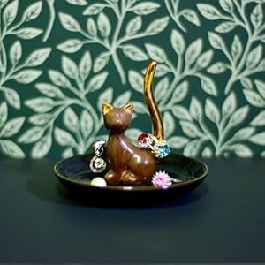 Happy Cat Posture Ring Holder Jewelry Dish Organizer, Engagement Wedding Gifts, Decorative Jewelry Holder, Brown and Golden Plated Tail.