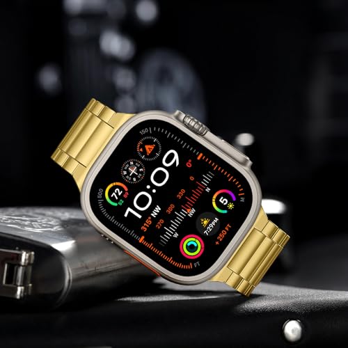 Image of Anlinser Metal Bands Compatible with Apple Watch Band 49mm 46mm 45mm 44mm 42mm for Women Men, Stainless Steel Business Strap for iWatch Ultra 3 /2 /1 SE Series 11 10 9 8 7 6-1 (Gold)