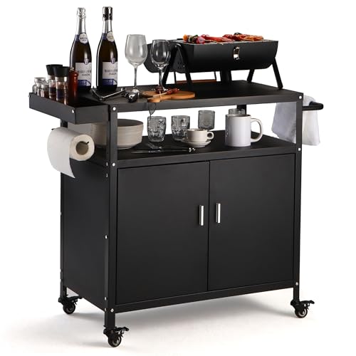 Kqoya Grill Cart with Storage Outdoor Rolling BBQ Prep Cart Movable Pizza Oven Stand with Foldable Stainless Steel Tabletop & Large Storage Cabinet Black (34.6 x 17.7 x 34.6 Inch)