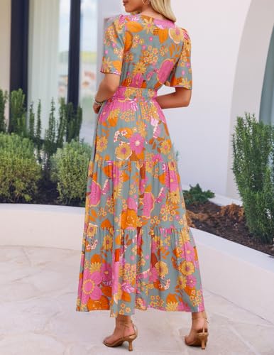 Image of ZESICA Women's 2026 Summer Spring Floral Boho Maxi Dresses Casual Short Sleeve V Neck A Line Flowy Beach Vacation Dress