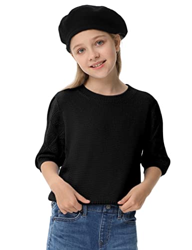Girls Puff Short Sleeve Knit Sweaters Crewneck Pullover Sweater Kids Cute Fall Blouse Tops 5-14Y