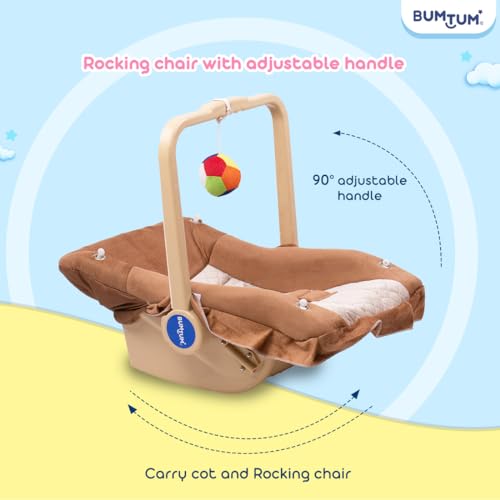 Image of BUMTUM Baby Carry Cot & Rocking Chair with Adjustable Handle| 3-Point Safety Lap Belt | Double Cushioned Washable Seats & Large Canopy for Babies (Brown)