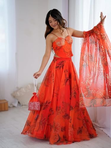 Image of MARUTI FASHION HOUSE Readymade Lehenga Choli Indo-Western Set For Womens & Girls Heavy Pure Organza digital printed 8mtr flair lehenga with canvas patta can can and with dori Chaniya Choli Wedding