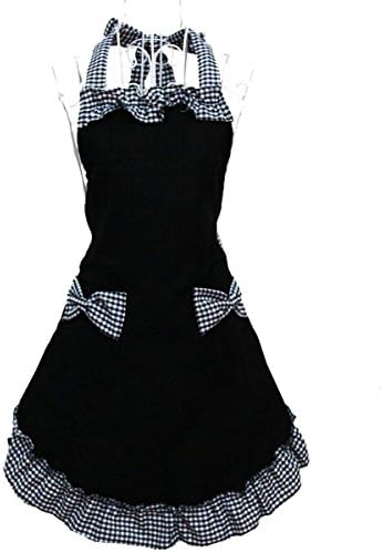 MGparty Women's Printed Damask Chef Kitchen Apron with Pockets, Vintage Bowknot Apron for Cooking, Baking and Gardening (Black & Gray Bowknot)