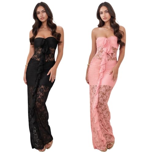 Image of PORRCEY Women's Sexy Rhinestone Lace Sheer Mesh Formal Evening Dress