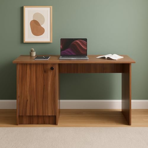 Image of 55 * 120 * 75 CM Engineered Wood Office Desk with Closed Cabinet & Storage Shelves for Storing Books, Stationery | Tabloft Executive Table for Office | 1 Year Warranty- Lyon Walnut