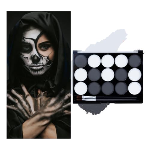 Black White Face Body Paint Kit with Brushes for Art Theater Halloween Party Cosplay Clown Sfx Makeup for Adult, Face Body Paint Washable Zombie Skeleton Makeup Kit (15 Colors)