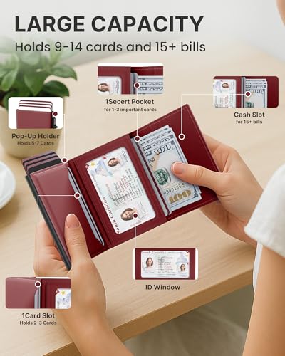 Image of typecase Womens Wallet Card Holder: Pop Up Card Case, Genuine Leather, RFID Blocking, Slim, Minimalist, Thin, Small Size - 9-14 Card Capacity, ID Window, Cash Pocket (Merlot Red)