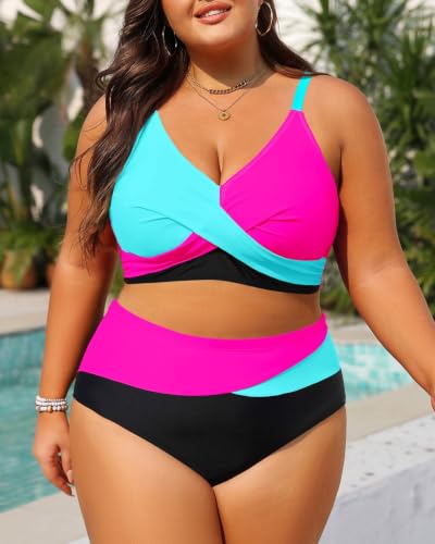 Image of Tempt Me Plus Size High Waisted Two Piece Swimsuit Color Block Bikini Set