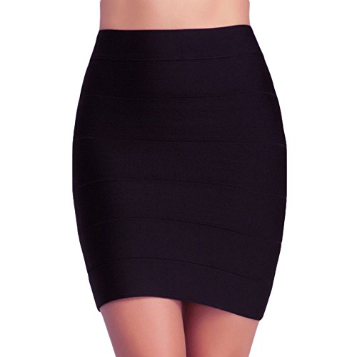 HLBandage Women's Ribbed Panel Stretch Mini Bandage Skirt(S,Negro)