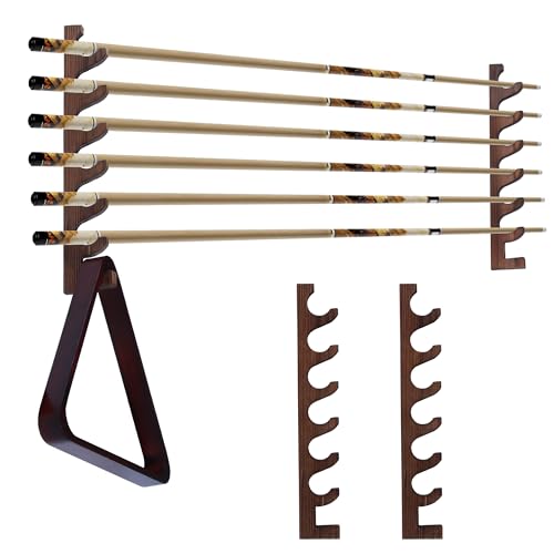 Wall Mount Pool Stick Holder-Billiards Pool Cue Rack for Made of 100% Solid Pine Wood, Holds Up to 6 Cues Stick Sand 2 Pool Ball Rack. Pool Table Accessories Organizer for Billiard Room or Club