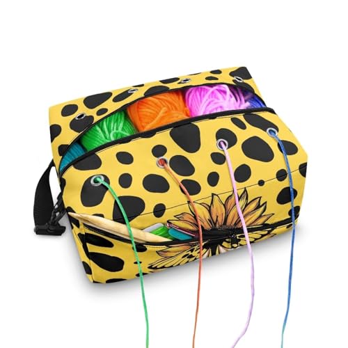 Image of Drnuikhe Large Capacity Crochet Bag for Beginners /Professionals Large Capacity Crochet Tote Bag for Knitting Needles, Crochet Hooks and Other Accessories Yellow Speckled Daisies