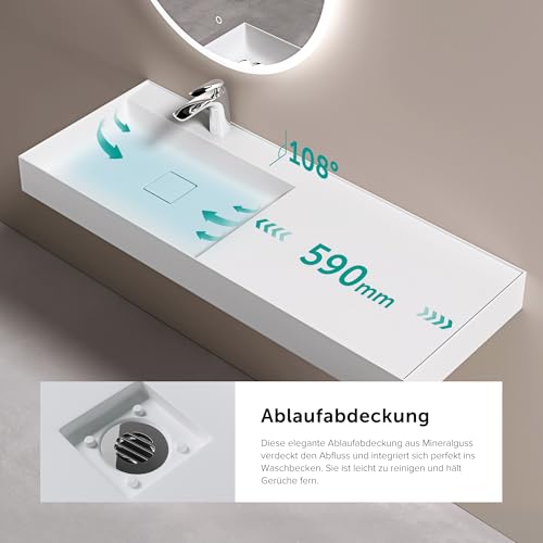 doporro Lavabo Izquierdo sobre Encimera Lavabo Suspendido de Mármol Fundido 120x46x12cm en Blanco Mate con Desagüe Colossum630 - imagen 4